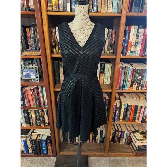 Karen Millen Dresses & Skirts - Karen Millen Black Mesh Faux Leather Chevron Stripe Fit Flare Dress Women’s 6